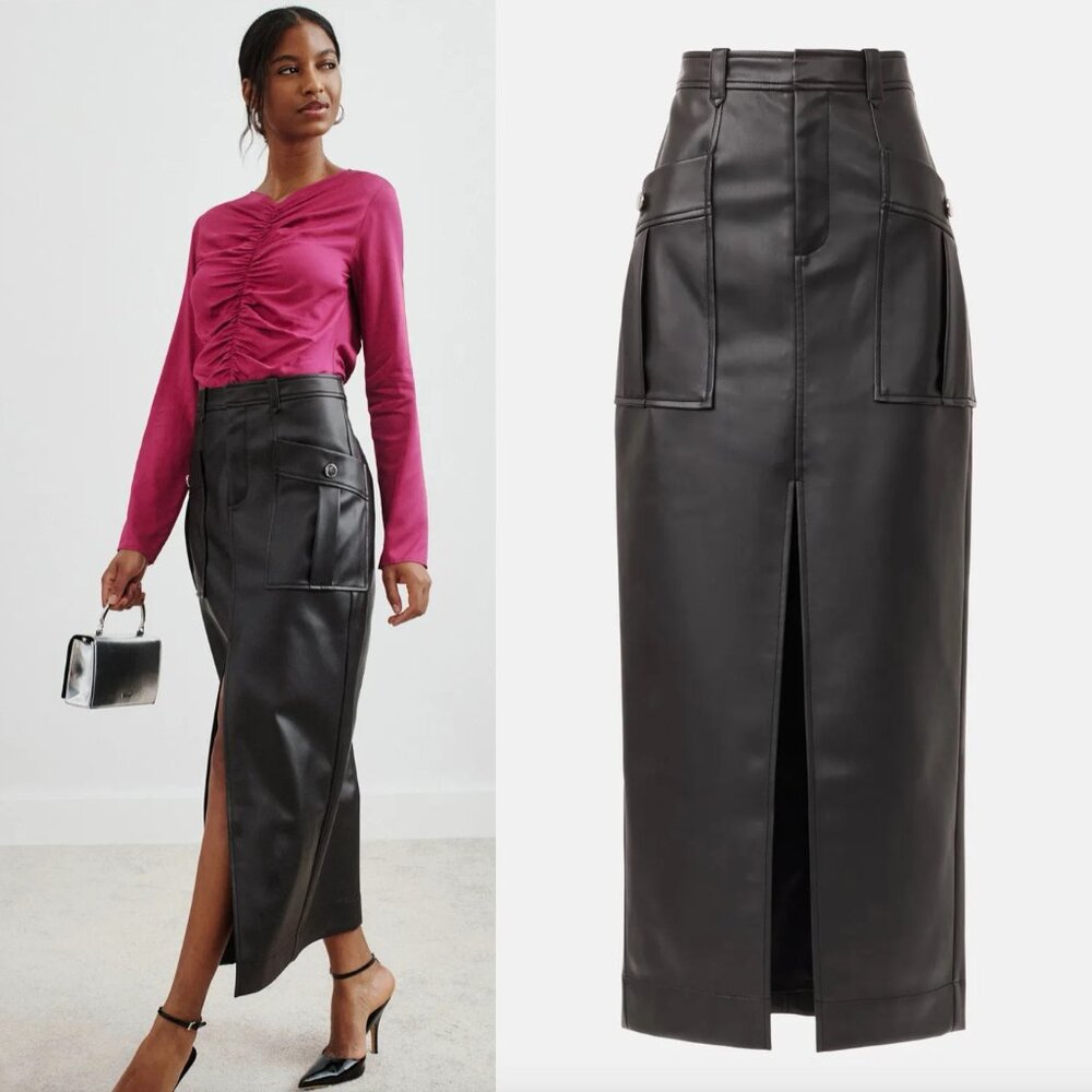 TOCCIN x RTR Faux Leather Midi Column Skirt in Black Maxi High Waisted 0 XS